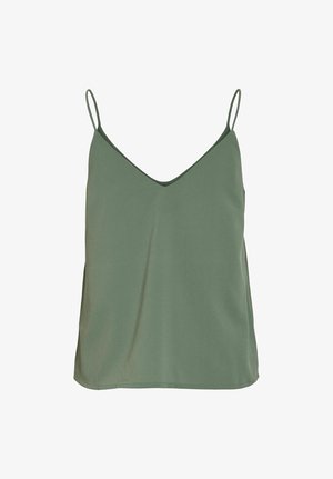 Camiseta sin mangas para mujer de color verde claro con tirantes finos y escote en v, mostrada sobre un fondo blanco.