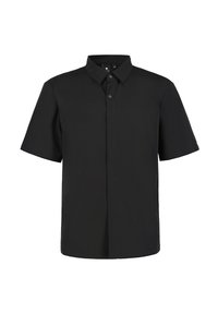Schwarz kurzärmliges Hemd mit einem Button-Down-Kragen, aus glattem Stoff, mit einer vorderen Knopfleiste und geradem Saum.