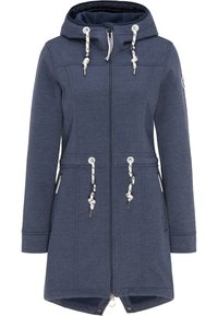 Navy hoodie jacket made of soft fabric, featuring a zip closure, drawstring hood, two side pockets, and a slightly curved hem.