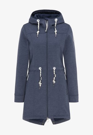 Veste à capuche bleu marine en tissu doux, avec fermeture éclair, capuche à cordon, deux poches latérales et un ourlet légèrement incurvé.