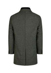 Grijze blazer in visgraatpatroon met een gestructureerd ontwerp. Heeft een notch-kraag, lange mouwen en knoopmanchetten, met een rechte achterkant.