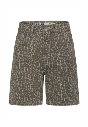 Leopardenmuster-Shorts aus leichtem Stoff mit Knopfverschluss, fünf Taschen und lockerer Passform. Die Farben umfassen verschiedene Brauntöne und Beige.