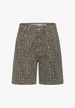 Leopardenmuster-Shorts aus leichtem Stoff mit Knopfverschluss, fünf Taschen und lockerer Passform. Die Farben umfassen verschiedene Brauntöne und Beige.