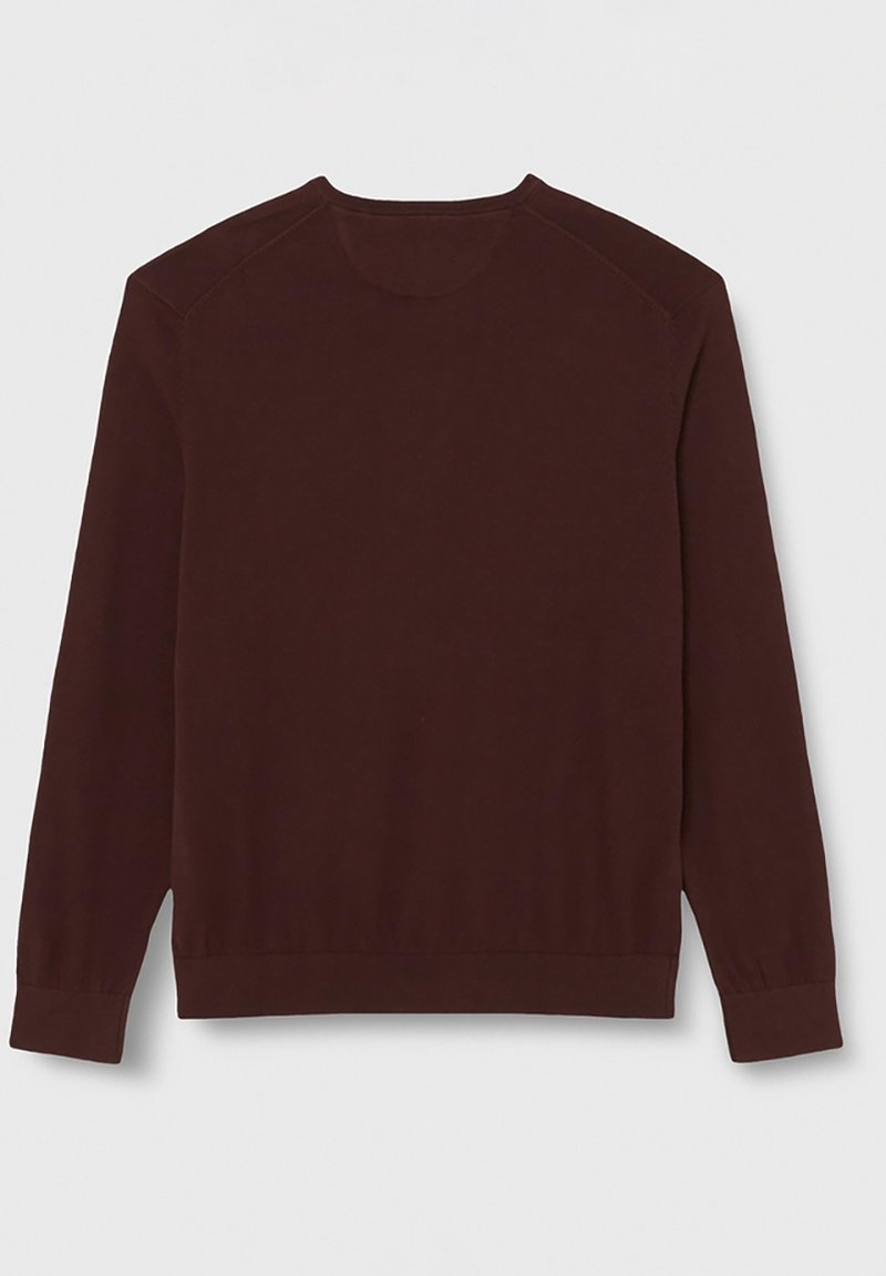 Braunes Langarm-Sweatshirt mit Rundhalsausschnitt, gerippten Bündchen und Saum. Glatte Textur und schlichtes Design, mit Raglanärmeln.