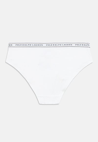 Chilot scurt alb din bumbac, cu o talie elastică albastră și albă, pe care este repetat textul „POLO RALPH LAUREN”. Design clasic, cu talie înaltă.