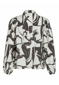 Blusa de manga larga con un diseño abstracto monocromático de figuras sobre un fondo claro. Mangas ligeramente abullonadas y un cuello clásico.