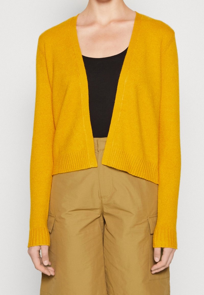 Personne portant un cardigan ouvert jaune moutarde sur un top noir, associé à un pantalon cargo camel taille haute sur un fond uni.