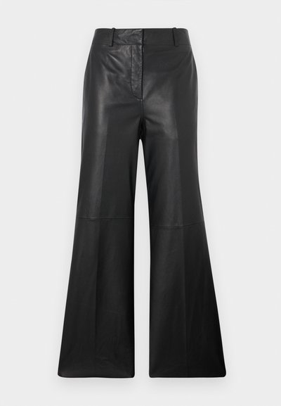 Black leather flared pants with a smooth texture, featuring a mid-rise waist, side pockets, and a clean front seam detail.