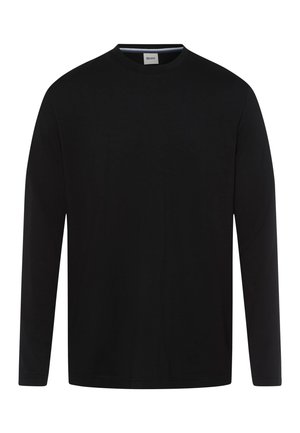 T-shirt noir à manches longues en coton. Doté d'un col rond et d'une texture lisse et unie sans motifs ni embellissements.