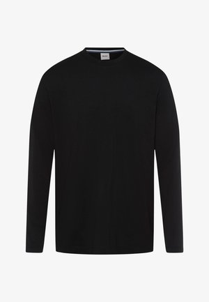 Maglietta nera a maniche lunghe in cotone. Presenta un colletto a girocollo e una texture liscia, uniforme, senza fantasie o decorazioni.