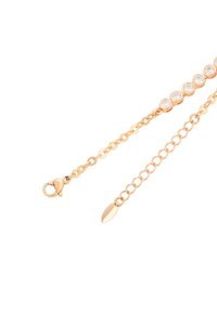 Bracciale oro con design a catena interconnessa, caratterizzato da cristalli trasparenti rotondi distanziati lungo la parte superiore, completato da una chiusura a moschettone.
