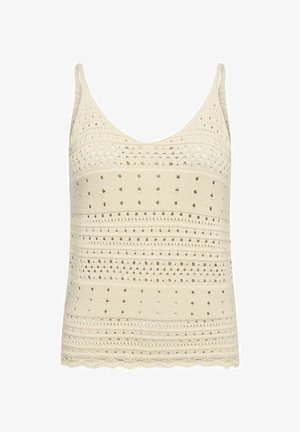 Pletený bezrukávový top v světle béžové barvě má otevřené vzory, texturované pruhy a lem ve tvaru vlny. Kolo výstřihu a tenké ramínka.