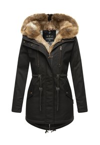 Wintermantel für Damen in Schwarz mit einer Kapuze aus Kunstfell, durchgehendem Reißverschluss, Knopf-Taschen, Zugbändern an Taille und Saum sowie einem markierten Innenschild.