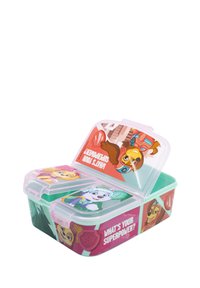 Bento da pranzo in plastica con base verde menta e coperchio trasparente; presenta disegni di personaggi colorati e il testo "Qual è il tuo superpotere?" sui lati.