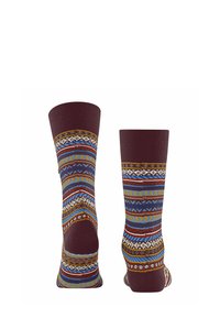 Calzini a crew color bordeaux con modelli geometrici multicolore in blu, giallo e bianco, dotati di texture a coste e punta rinforzata.