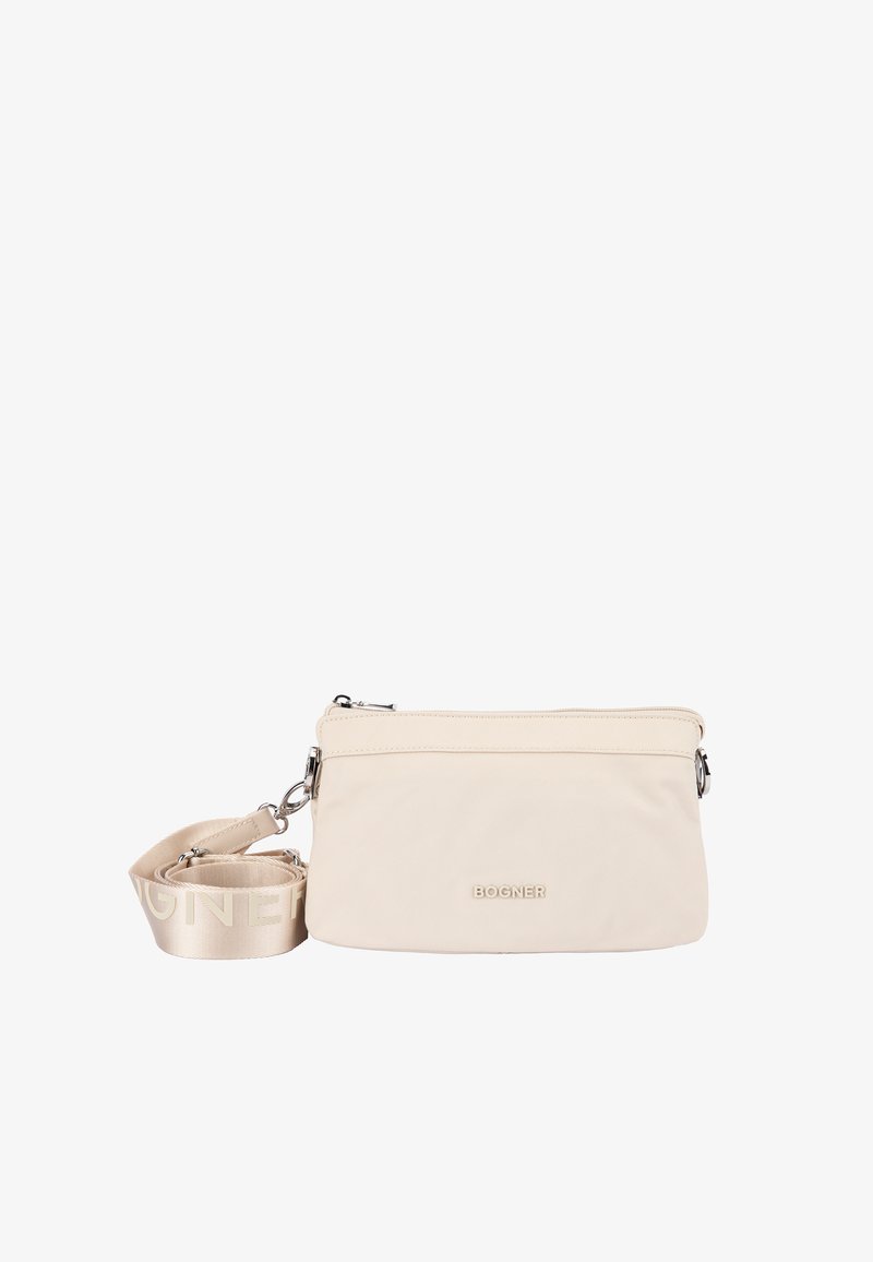 Bolso bandolera rectangular beige con cierre superior de cremallera, correa ancha extraíble con texto "BOGNER" y logo metálico en el centro frontal.