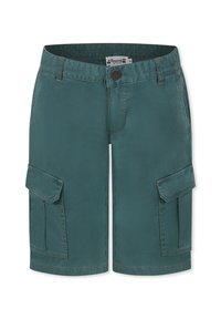 Shorts cargo teal en mélange de coton. Comprend deux poches latérales, une fermeture à bouton et des accents de couture. Texture lisse, design au niveau des genoux.