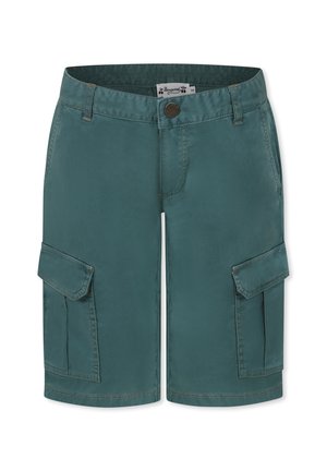 Shorts cargo teal en mélange de coton. Comprend deux poches latérales, une fermeture à bouton et des accents de couture. Texture lisse, design au niveau des genoux.
