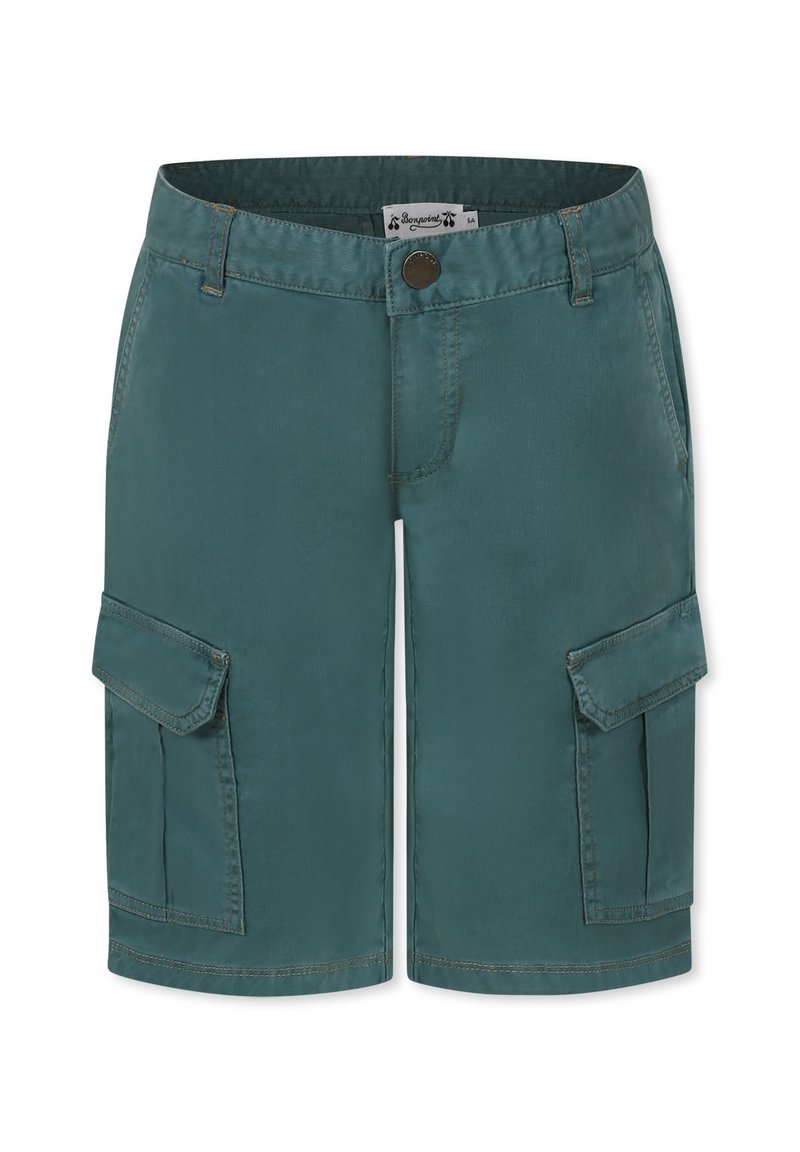 Shorts cargo teal en mélange de coton. Comprend deux poches latérales, une fermeture à bouton et des accents de couture. Texture lisse, design au niveau des genoux.