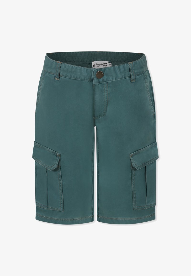 Shorts cargo color turchese realizzati in cotone misto. Presentano due tasche laterali, un bottone di chiusura e dettagli di cucitura. Texture liscia, design fino al ginocchio.