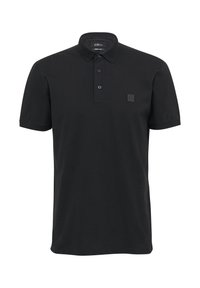 Schwarzes Poloshirt aus Baumwolle mit umgeschlagenem Kragen, einer Knopfleiste mit drei Knöpfen und einem kleinen Logo auf der linken Brust. Kurzärmelig.