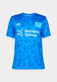 Blue sports jersey with digital cross pattern, New Balance logo, Bayer Leverkusen crest, and "Barmenia Gothaer" sponsor text on front.
