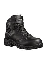 Zwarte leren tactische boot met vetersluiting, gevoerde kraag, ademende mesh accenten en rubberen zool voor grip en duurzaamheid.