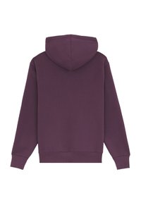 Felpa viola scuro con cappuccio regolabile, maniche lunghe e polsini e orlo a coste. Texture liscia, progettata per un abbigliamento casual.