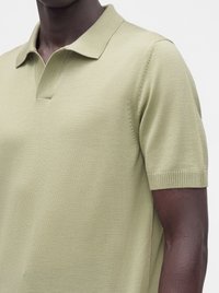 Personne à la peau foncée portant un polo vert clair à manches courtes avec un col et des poignets de manches côtelés, sur un fond uni.