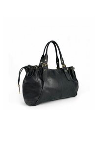 Sac à main en cuir noir avec double anses, accents de boucle dorée, côtés à cordon et forme rectangulaire arrondie sur fond blanc.