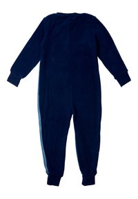 Tuta intera in fleece blu navy con maniche lunghe, polsini a costine e una striscia laterale di un azzurro chiaro a contrasto. Texture liscia, copertura completa della schiena.