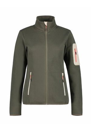 Veste texturée vert olive avec fermeture éclair intégrale à l'avant, col montant, deux poches avant zippées, et une poche zippée sur la manche supérieure gauche avec une bordure beige.