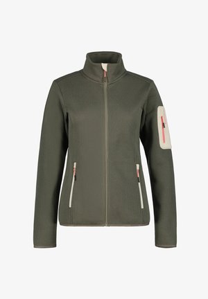 Veste texturée vert olive avec fermeture éclair intégrale à l'avant, col montant, deux poches avant zippées, et une poche zippée sur la manche supérieure gauche avec une bordure beige.