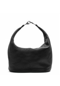 Borsa hobo in pelle nera con una texture liscia, silhouette curvata e una larga tracolla. Presenta un discreto dettaglio logo in rilievo sul davanti.