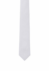 White silk tie with a textured pattern, featuring a pointed tip and a smooth finish, suitable for formal occasions.