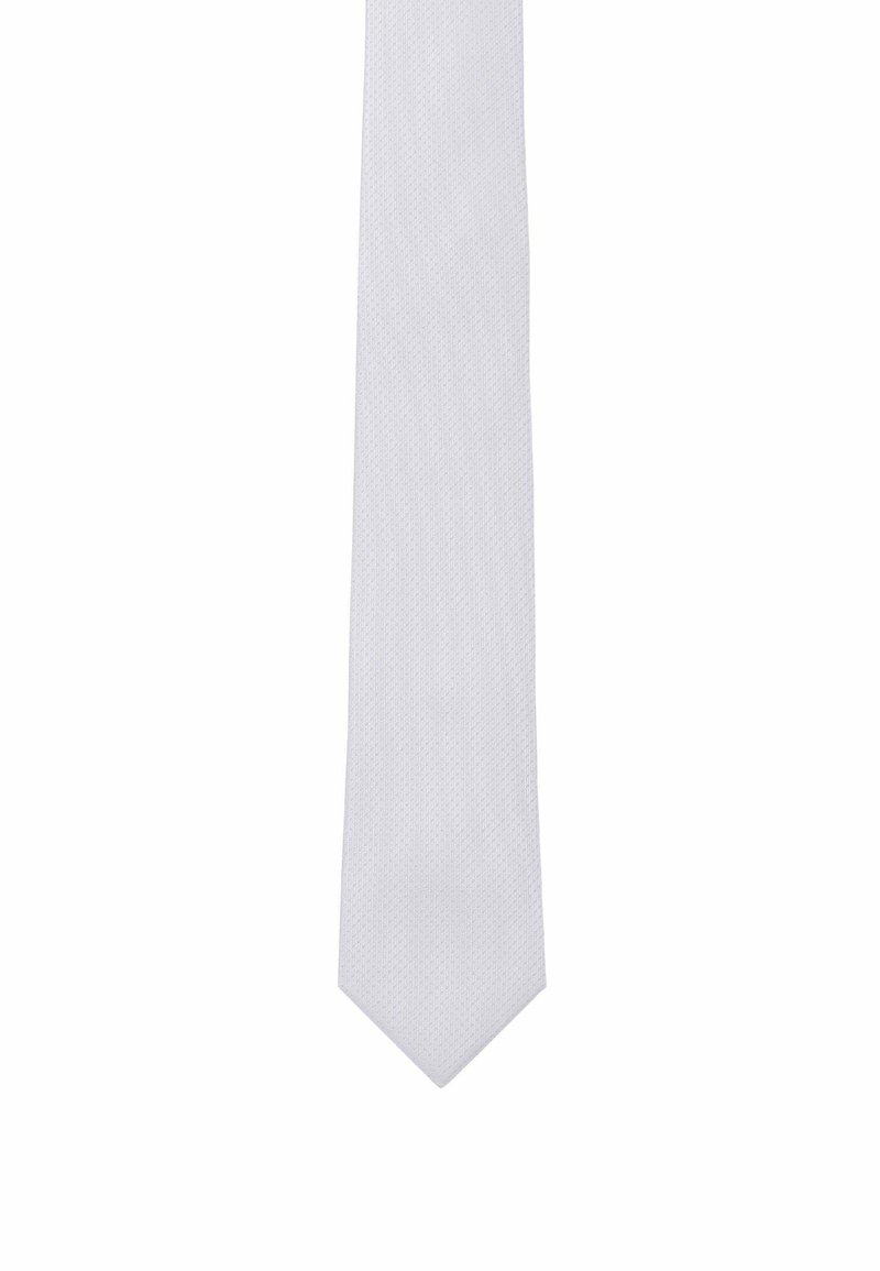 White silk tie with a textured pattern, featuring a pointed tip and a smooth finish, suitable for formal occasions.