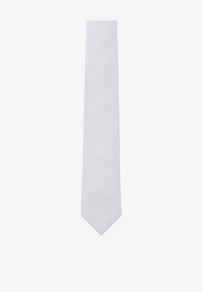 White silk tie with a textured pattern, featuring a pointed tip and a smooth finish, suitable for formal occasions.