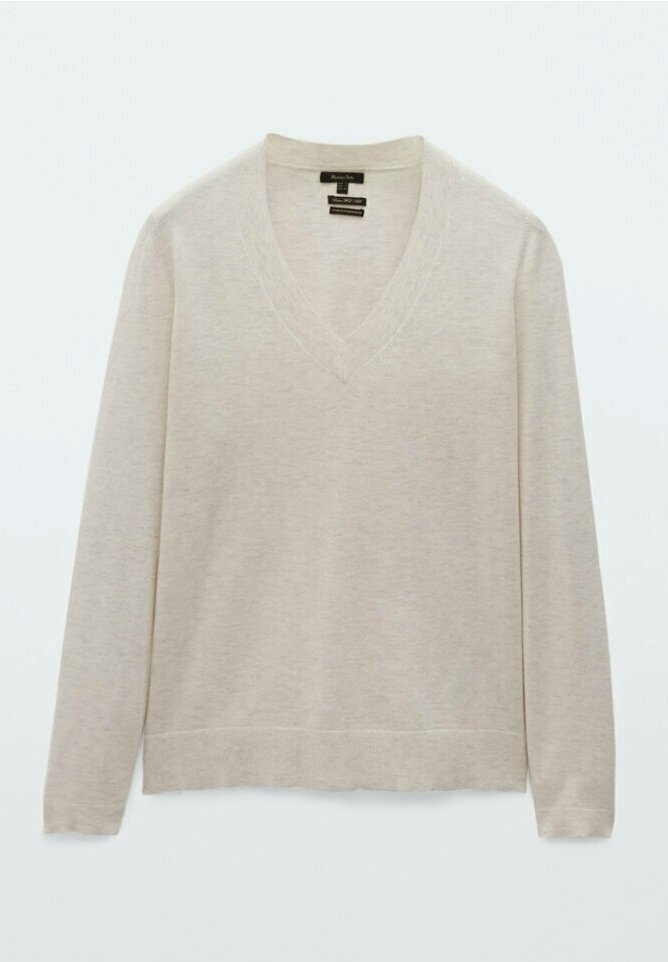 Beige, long-sleeve V-neck sweater made of soft material with a ribbed hem. Features a simple, smooth texture with no visible patterns.