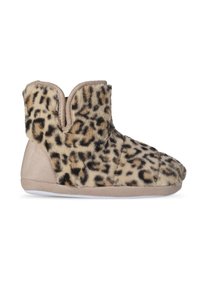 Pantofole con motivo leopardato, dotate di una morbida tomaia in pelliccia sintetica, dettagli in tessuto beige e una suola bianca flessibile. Lunghezza alla caviglia con un design a V.