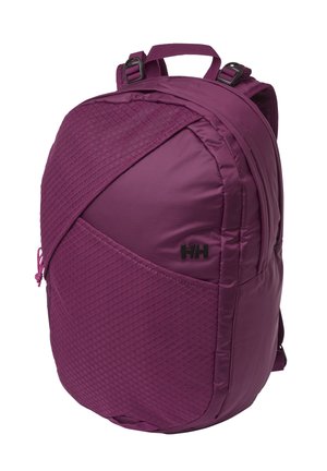 Mochila de color púrpura intenso con bolsillo frontal texturizado, correas acolchadas, asa de transporte y logotipo negro "HH" en el centro frontal.