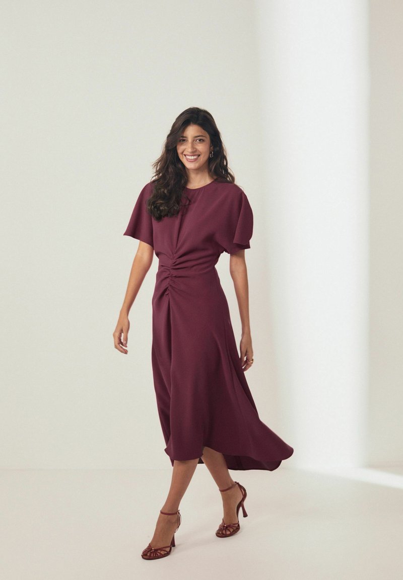 princess polly baby blue dress One The Land Chiffon Print Three Fourth Sleeve Wrap V-Neck Maxi Dress in Burgundy Small