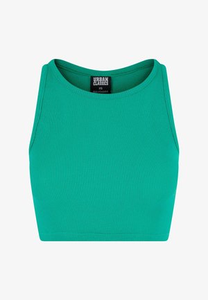 Zöld bordázott crop top, lekerekített nyakkivágással és ujjatlan kialakítással, a "Urban Classics" márkanevével és "XS" mérettel ellátott címkével.