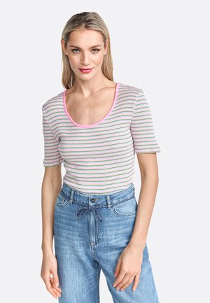 Striped short-sleeve top with a scoop neckline, featuring pink, green, and white stripes on a textured fabric. Paired with light blue jeans.