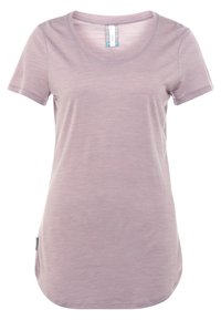 Kortärmad t-shirt med rundad halsringning i ljus mauve, tillverkad av mjukt, lätt tyg med rundad nederkant och subtil textur.