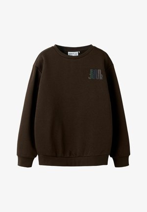 Brauner Sweatshirt mit langen Ärmeln, gerippten Bündchen und Saum, mit dem Schriftzug "BONJOUR" in verschiedenen Farbtönen auf der Vorderseite. Glatte Textur, lässiges Design.