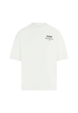 Tricou alb din bumbac, cu guler tip crew neck, mâneci scurte și un design imprimat cu un logo și text negre pe partea stângă a pieptului.