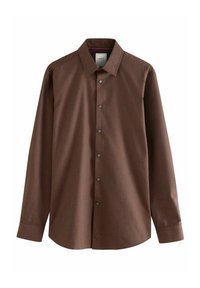 Chemise homme à manches longues boutonnée, couleur marron foncé, avec un motif texturé subtil et un col classique.