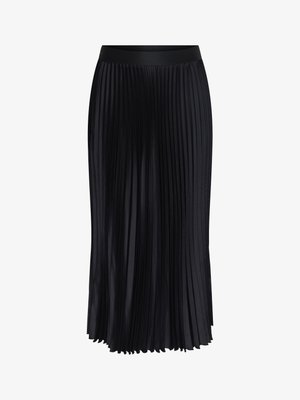 Sort plisseret nederdel med en glat taljeelastik, der har lodrette plisseringer over hele, hvilket giver et tekstureret udseende og en flydende drapering.