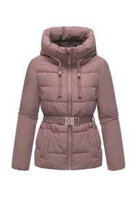 Mauve vadderad damjacka med hög krage, framsidan med dragkedja, justerbart bälte och dragsnören i kragen.