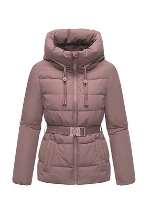 Mauve vadderad damjacka med hög krage, framsidan med dragkedja, justerbart bälte och dragsnören i kragen.